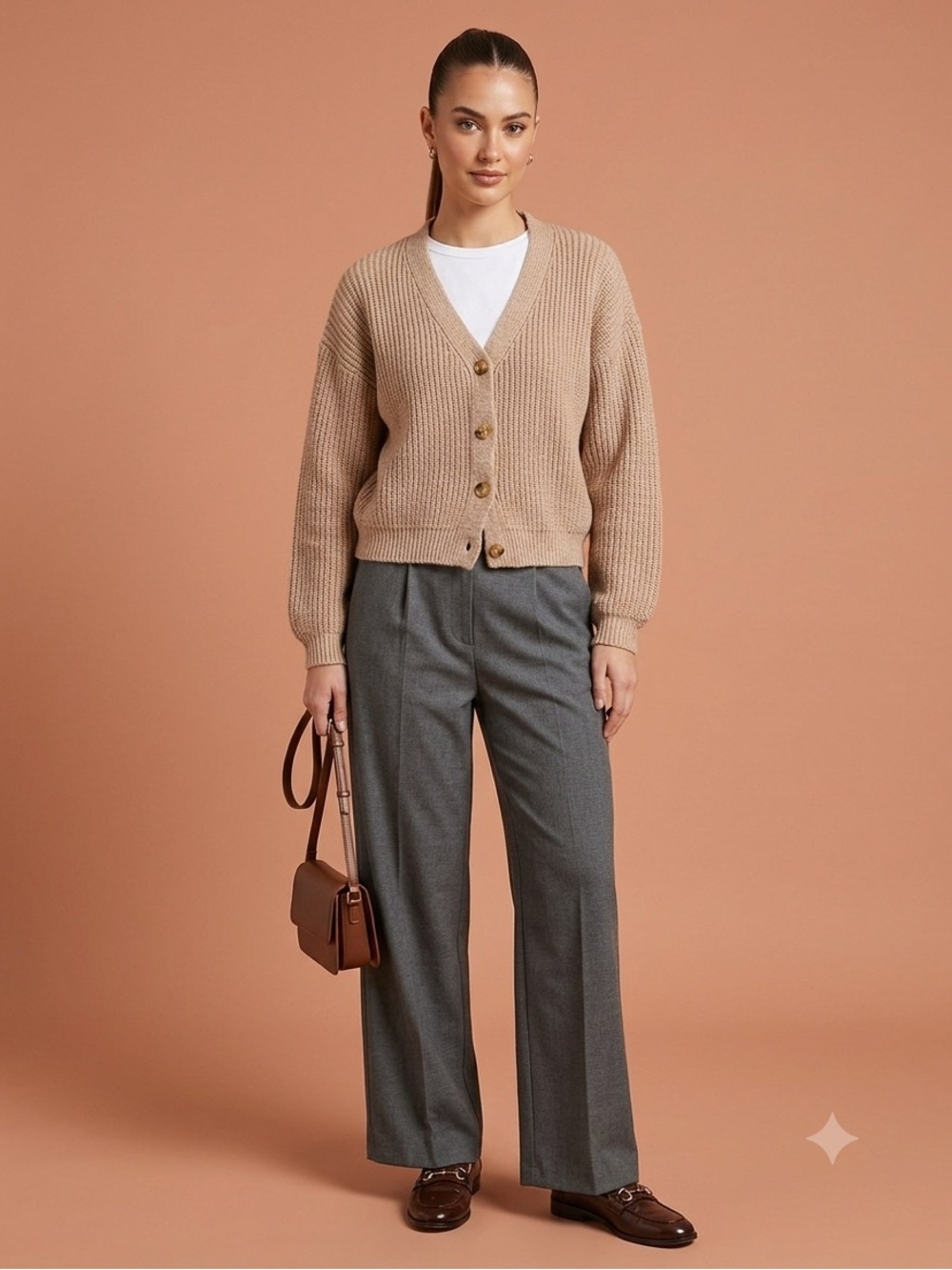 Chunky Ribbed Knit Cardigan – Tan/Camel – Women’s M